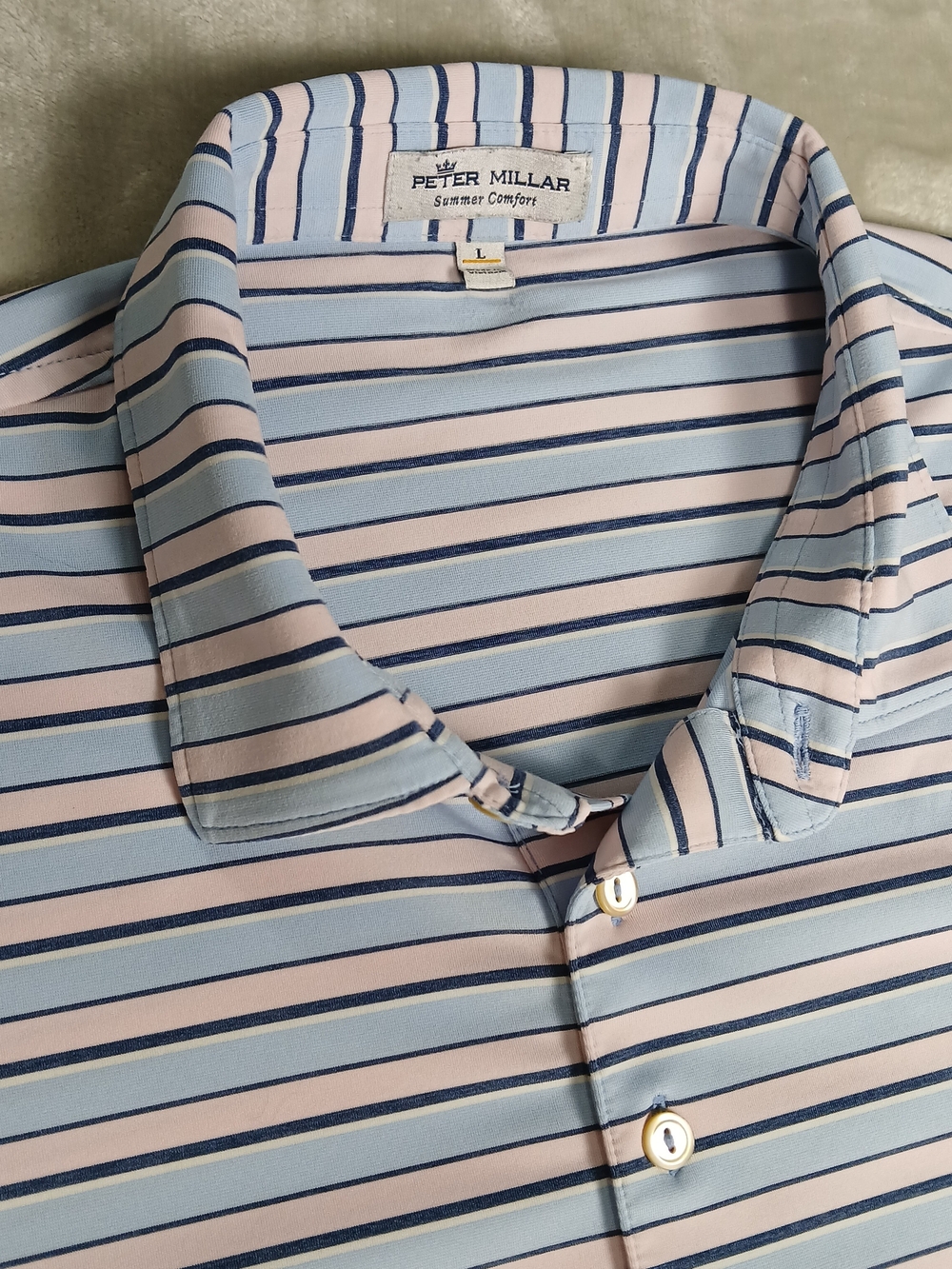 Peter Millar Summer Comfort Polo Shirt L Men's Striped Blue Pink Performance